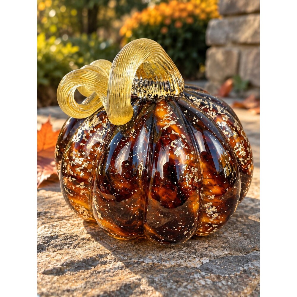 Amber Gold Brown Glass Pumpkin w/ Silver Sparkles & Ribbed Gold Stem 7.5"